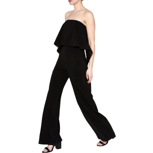 NWT DO+BE Black Strapless Overlay Front Ruffle Wide Leg Jumpsuit Black Size M - Picture 2 of 12
